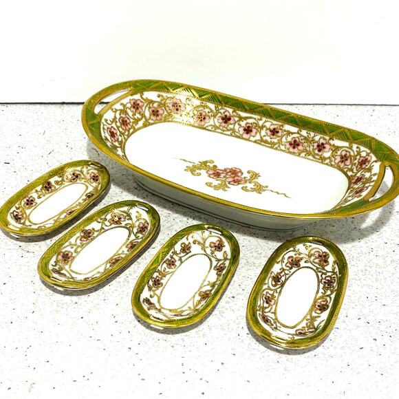 Vintage Hand Painted Nippon Porcelain Relish Tidbit Tray & 4 Salt Cellars Set - Picture 2 of 13